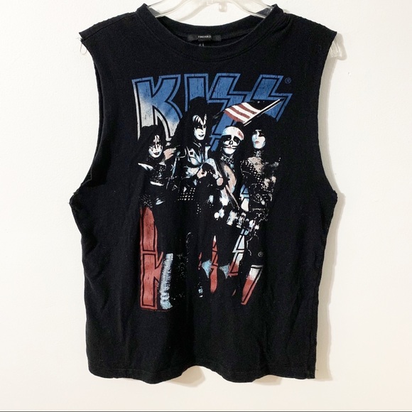 Forever 21 KISS Band Sleeveless Tee Shirt Tank Raw Hem at Arm KISS Band Graohic - Picture 1 of 7